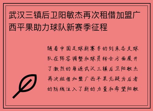 武汉三镇后卫阳敏杰再次租借加盟广西平果助力球队新赛季征程