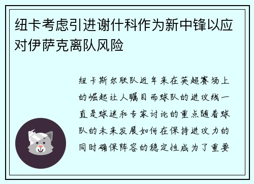 纽卡考虑引进谢什科作为新中锋以应对伊萨克离队风险