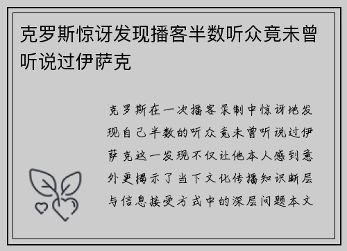 克罗斯惊讶发现播客半数听众竟未曾听说过伊萨克
