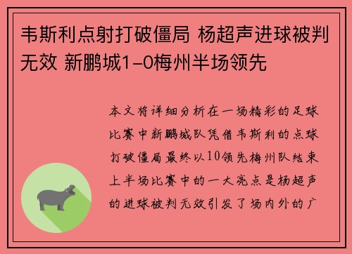 韦斯利点射打破僵局 杨超声进球被判无效 新鹏城1-0梅州半场领先
