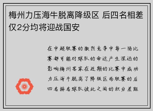 梅州力压海牛脱离降级区 后四名相差仅2分均将迎战国安